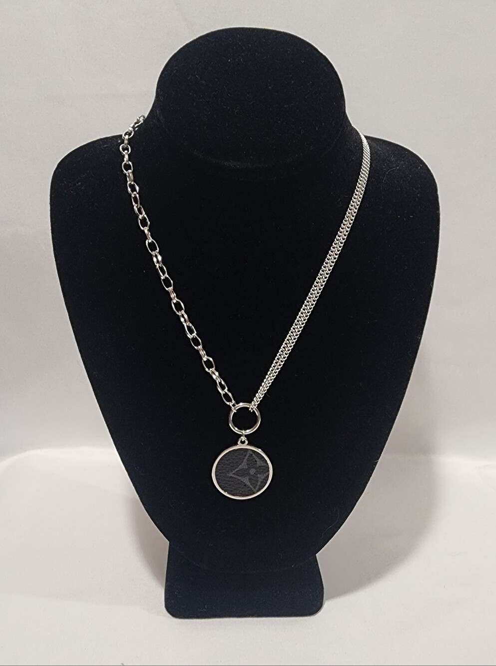 Louis Vuitton Eclipse Canvas Silver Pendant Adjustable Dual Two-Chain Necklace